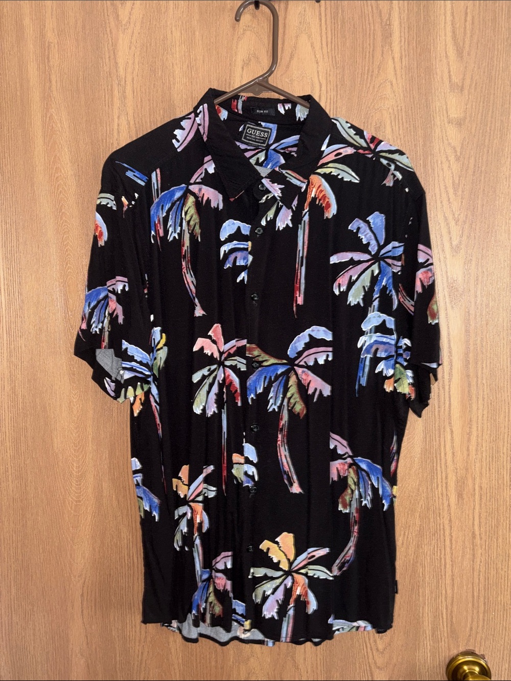 Guess Black Button-Down Shirt with Multicolor Palm Print